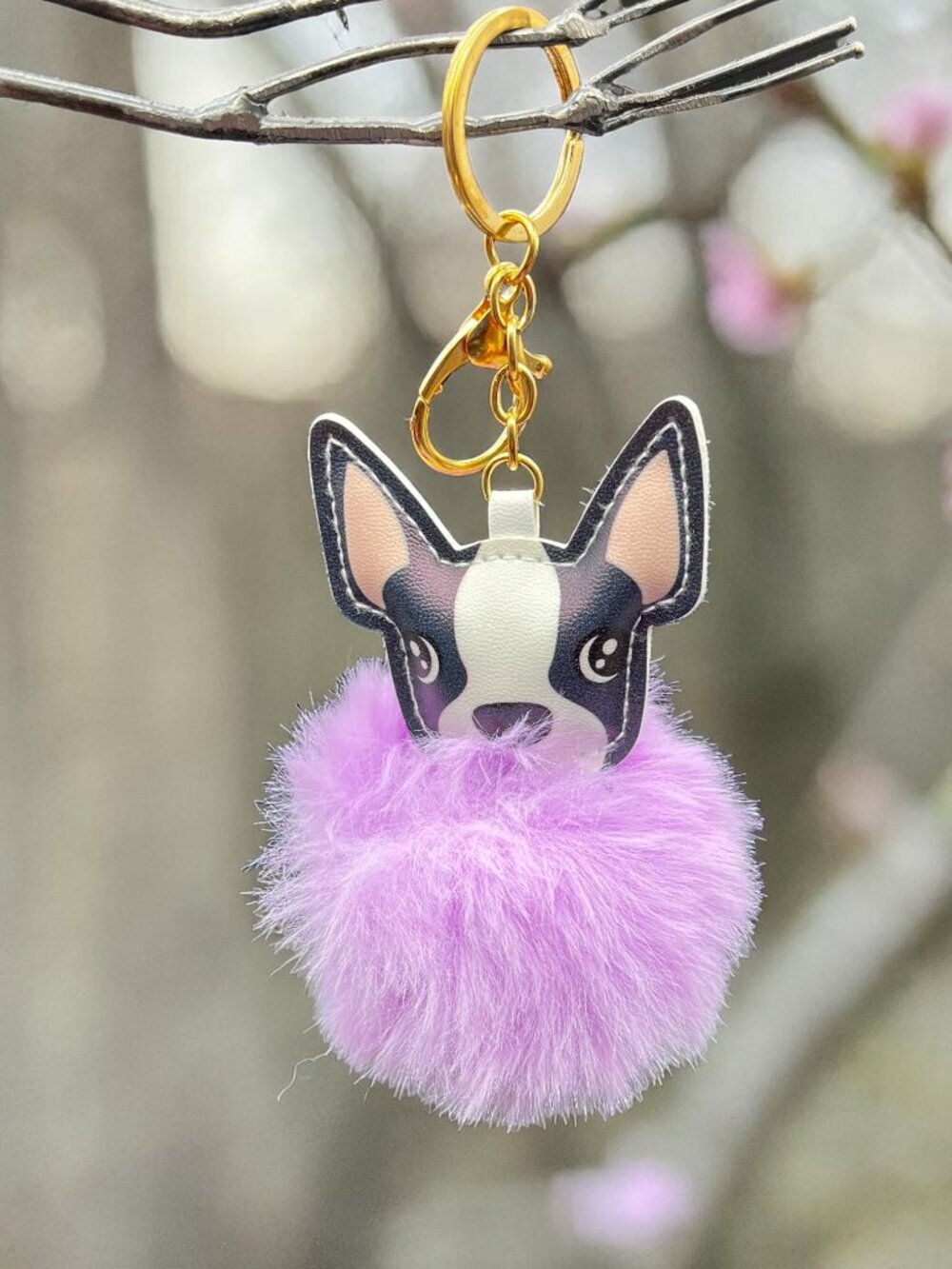 Purple Pom Pom Dog Keychain - Picture 3 of 4